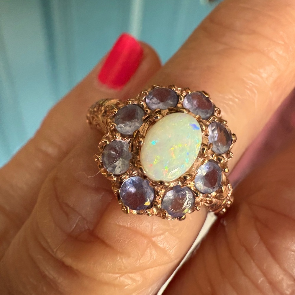 18k solid rose gold Australian fire opal Tanzanite ring